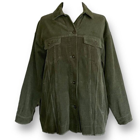Zara Womens Shacket Sz S Olive Green Corduroy Shirt Jacket Raw Hem Oversized - Picture 3 of 8